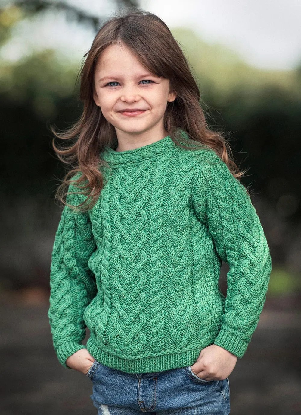 Girls Aran Crew Neck Sweater in Green Marl Blarney